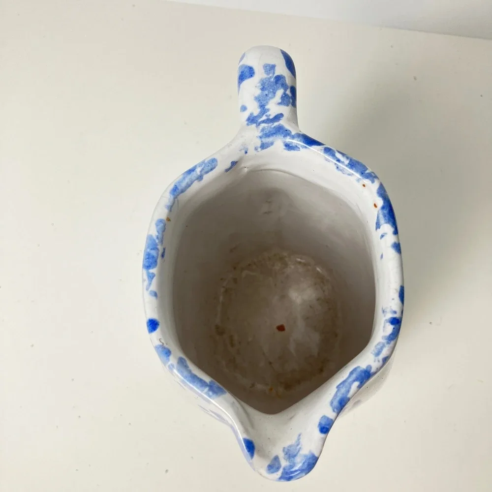 Bybee Pottery Pitcher Creamer 6in White Blue Spongeware Vintage Kentucky BB